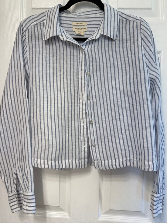 Christian Siriano Tops - Christian Siriano White and Navy Striped Button-Front Blouse